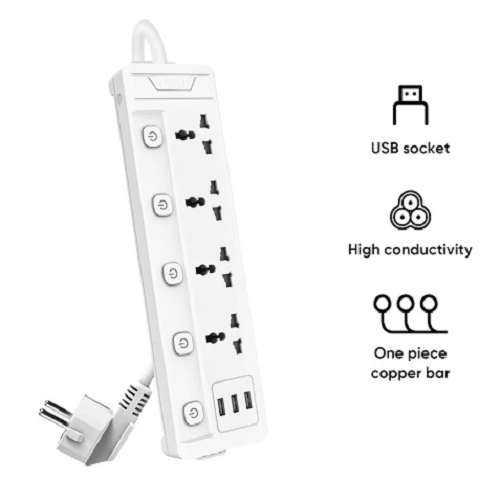 Deli ET411 2 Pin 4 Port White 2Meter With 3 USB Port Power Strip Price in Bangladesh