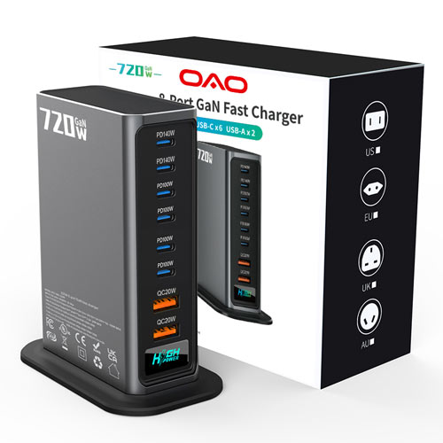 OAO GaN‑720W 8-Port Fast Charging Station | USB-C & USB-A Charger for Laptops & Phones Price in Bangladesh